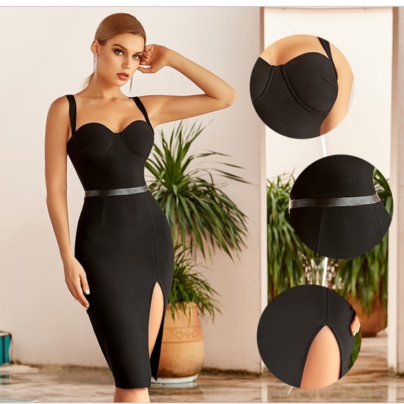 Bandage Waist Detail Bodycon Dress in Black - Picture 2 of 14